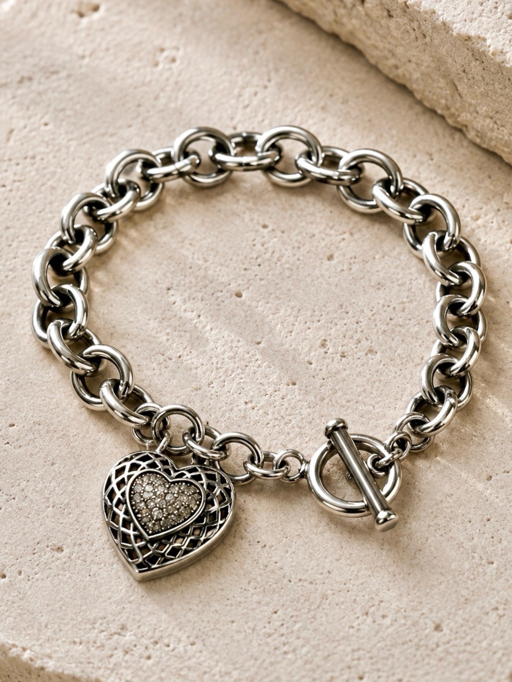 Judith Jack Heart Toggle Bracelet 925 Sterling Silver Diamond 14K Gold Vintage